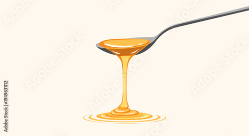 Golden honey dripping from spoon slowly.