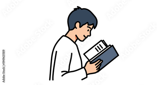 Man reading a book intently alone.