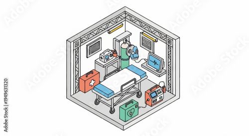 Isometric Medical Room with Hospital Bed and Equipment.