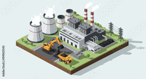 Isometric Industrial Power Plant with Construction Vehicles.
