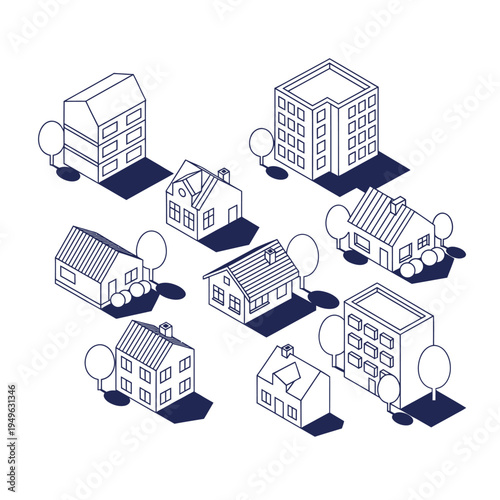 Isometric Line Art Illustration of Various Residential and Commercial Buildings with Trees.