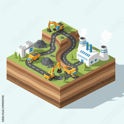 Isometric Mining and Industrial Complex with Excavators and Factory.