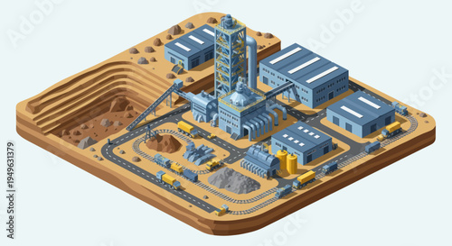 Isometric Mining and Processing Plant with Open Pit Mine.