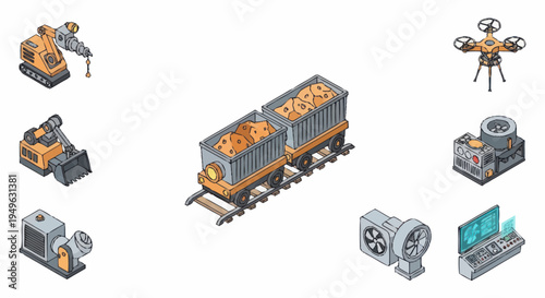 Industrial mining equipment and technology isometric illustration.