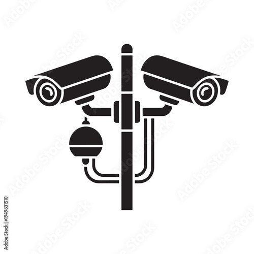Black and white illustration of a security camera system on a pole