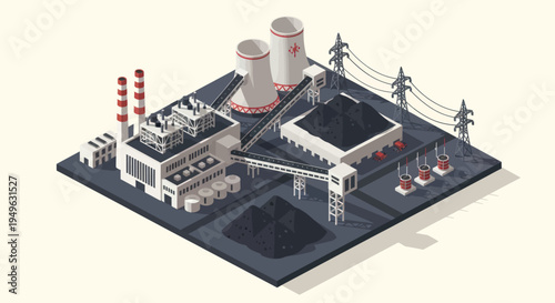 Isometric Power Plant Industrial Complex with Cooling Towers and Smokestacks.