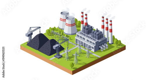 Isometric Power Plant with Coal Piles and Cooling Towers.