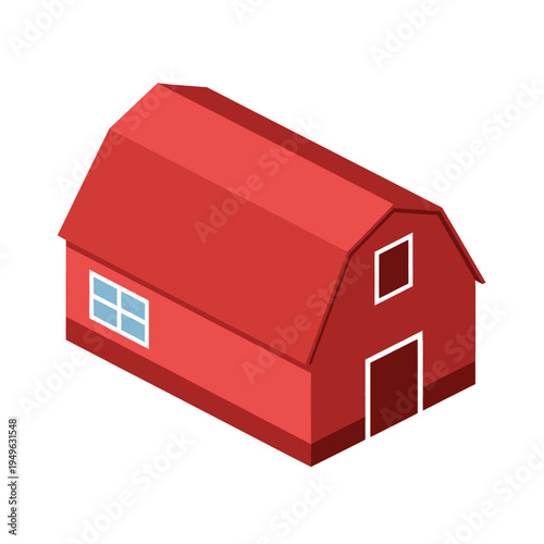 Isometric Red Barn Building Vector Illustration.