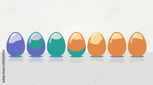 Seven vibrant gradient eggs in soft pastel colors lined up vertically on a clean white background