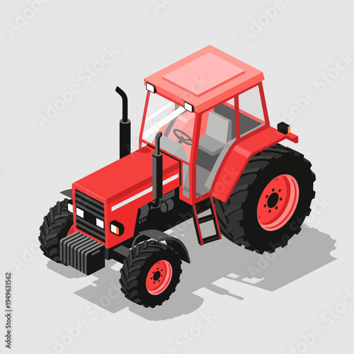 Isometric Red Farm Tractor for Agricultural Work and Rural Transportation.