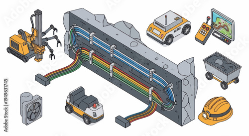 Industrial construction equipment and components isometric illustration.