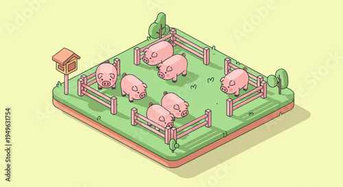 Isometric view of a charming pig farm with multiple enclosures.