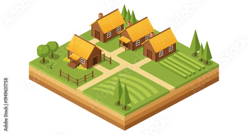 Isometric view of a charming rural village with houses and fields.