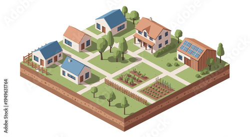 Isometric view of a charming suburban neighborhood with houses and gardens.