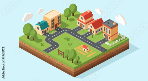 Isometric view of a charming suburban neighborhood with houses and roads.