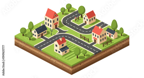 Isometric View of a Charming Suburban Neighborhood with Houses and Roads.
