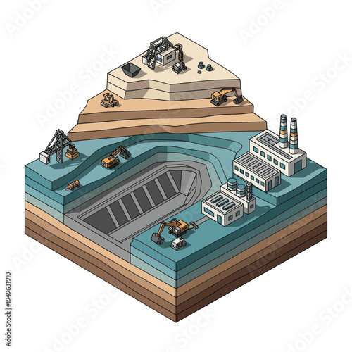 Isometric view of a large open-pit mine with heavy machinery and processing plants.