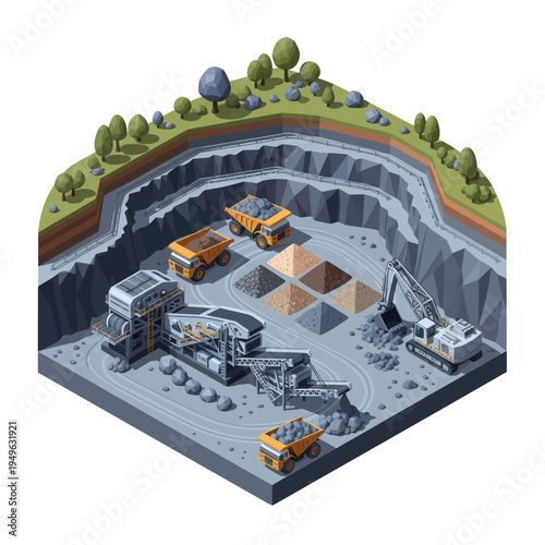 Isometric view of a large open-pit mine with heavy machinery.