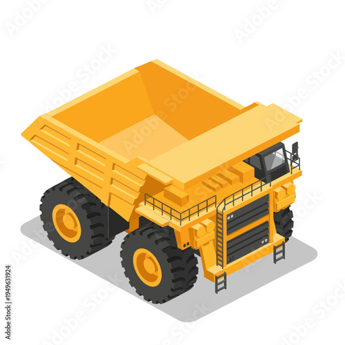 Isometric view of a large yellow mining dump truck, heavy construction vehicle.