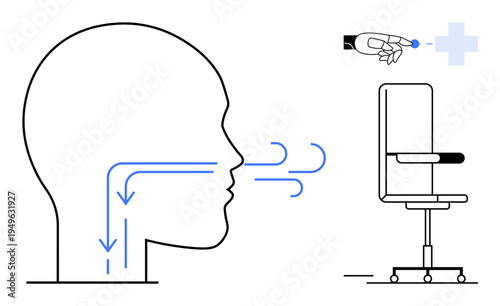 Healthcare, biotechnology, robotics, innovation, future technology, medical services. Human head profile with airflow indication, robotic arm holding pill medical chair. Healthcare and biotechnology