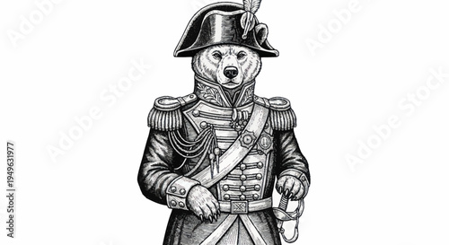 Bear in military uniform historical illustration.