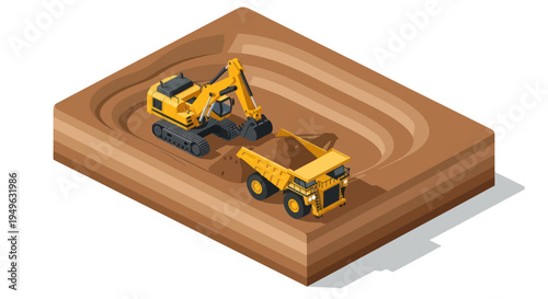 Isometric view of a mining site with heavy machinery.