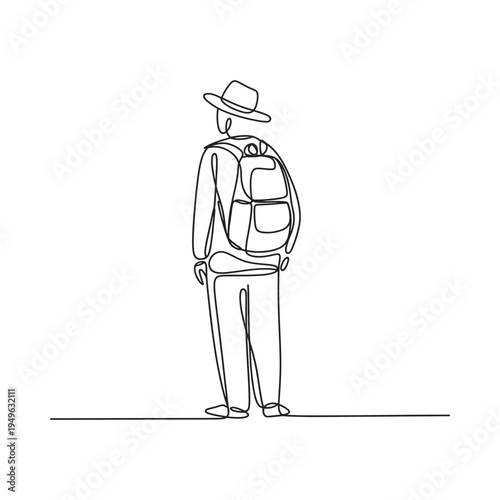Continuous line drawing of a hiker with backpack and hat