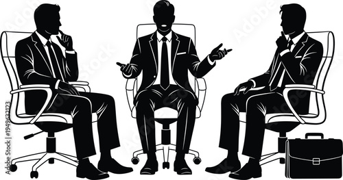Business executives meeting discussion silhouette vector illustration corporate teamwork negotiation interview conversation three professionals sitting office chairs strategy concept