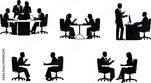 Business meeting discussion silhouettes office teamwork negotiation interview corporate professionals communicating at workplace isolated vector illustration collection set