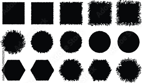Set of 15 distressed and rough geometric shape silhouettes.