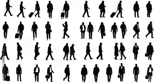 Business people and travelers walking silhouettes collection with luggage bags and backpacks isolated vector set for urban lifestyle concept