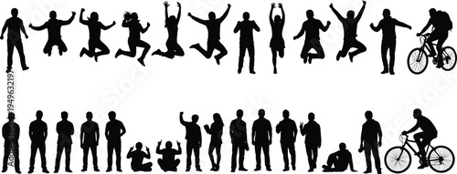 Active people silhouettes jumping standing sitting cycling collection men and women energetic poses isolated vector illustration set