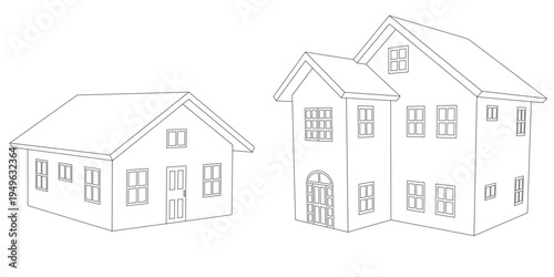 3d houses in perspective, black and white line drawing, a two story house and a small house. vector illustration. SVG file available only on Adobe Stock.