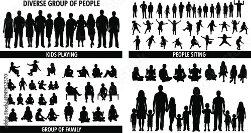 Diverse people family and kids silhouettes collection vector set adults children playing sitting standing group characters isolated illustration bundle
