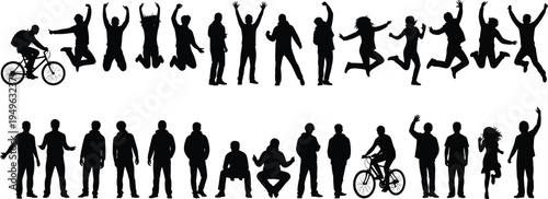 Collection of diverse people silhouettes jumping standing walking cycling posing isolated on white background dynamic human activity vector set illustration
