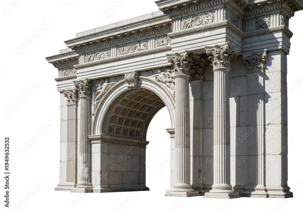Obraz premium Aged white marble greco-roman monumental archway with carved corinthian columns, fluted shafts, and frieze details, isolated in a sterile white studio environment under dramatic lighting. Concept of