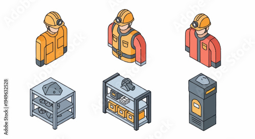 Isometric Firefighter Uniforms and Equipment Set.