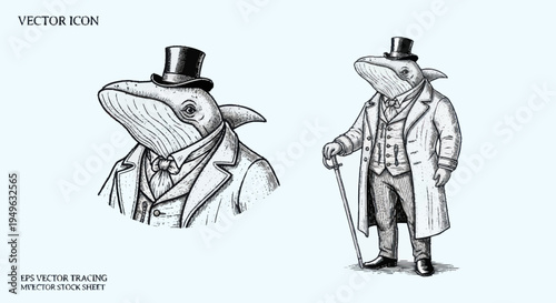 Whimsical Whale Dressed in Victorian Gentleman Attire.