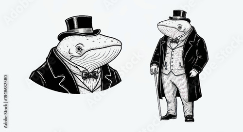 Whale Dressed as Gentleman in Top Hat and Suit.