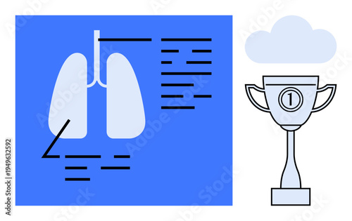 Lung health concept. Lung diagram respiratory wellness alongside a trophy achievement. Health education, medical training, awareness campaigns, fitness, wellbeing