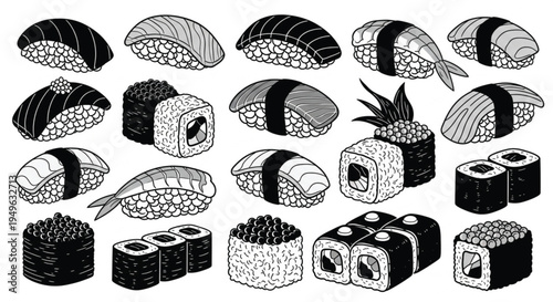 Japanese Sushi Vector Set, Nigiri Maki Rolls and Seafood Sushi Black and White Illustration Collection