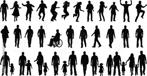 People silhouettes collection diverse men women dancing walking family parents with children wheelchair person isolated vector character set illustration