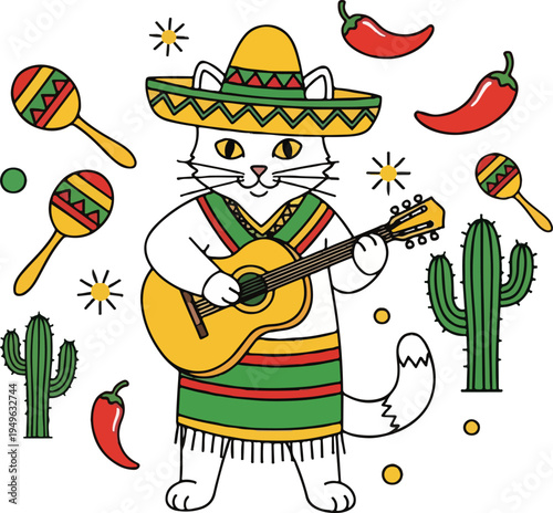 Cartoon cat wearing sombrero playing guitar.