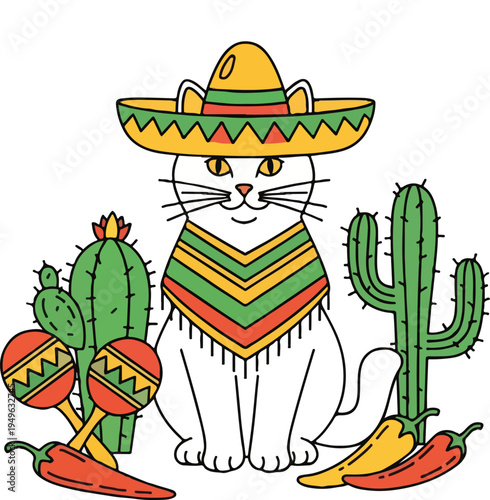 White cat wearing a sombrero.