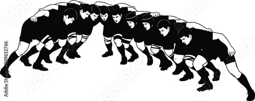Rugby players scrum formation team huddle preparing for match isolated vector illustration showing teamwork strength competition and sports strategy
