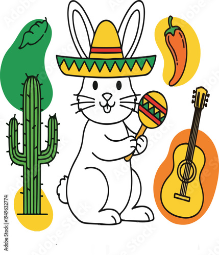 Rabbit in Sombrero Holding Maraca.