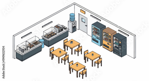 Isometric Cafeteria Break Room with Vending Machines and Food Service.