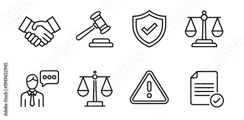 Code of conduct icons illustration, vector collection representing ethics, compliance, corporate rules, governance standards, company policy symbols and professional behavior guidelines.
