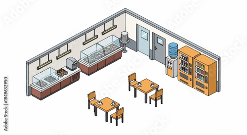 Isometric view of a cafeteria interior with serving counters and seating.