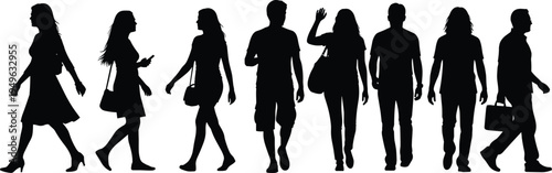 Walking people silhouettes diverse men and women casual urban pedestrians with bags isolated vector set for lifestyle crowd illustration
